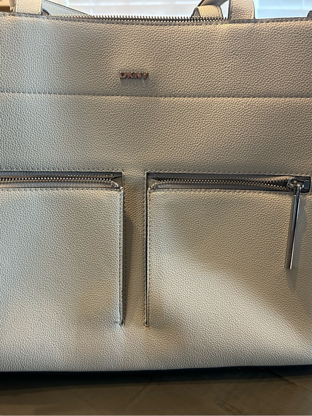 DKNY Pebbled Leather Tote in Light Gray with Front Zip Pockets